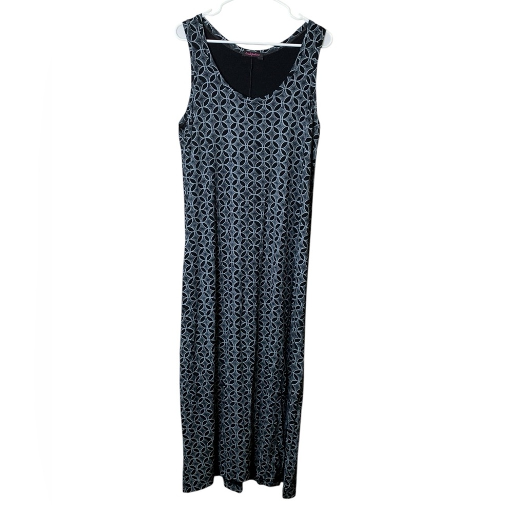 Fresh Produce Sleeveless Maxi Dress XXL‎ Black Grey Geometric Stretch Travel